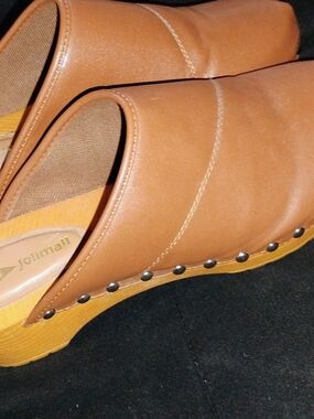 Women's Tan Leather Clog Mules with Stud Accents